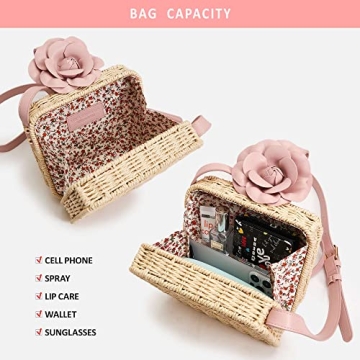 Womens Fashion Vegan Leather Rosie Floral Straw Crossbody Handbag for Women (Rose Pink)