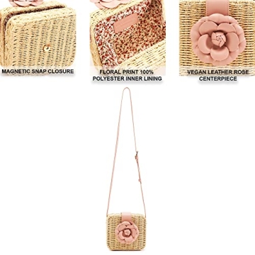 Womens Fashion Vegan Leather Rosie Floral Straw Crossbody Handbag for Women (Rose Pink)