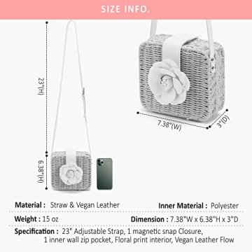 Womens Fashion Vegan Leather Rosie Floral Straw Crossbody Handbag for Women (Rose Pink)