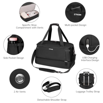 ETRONIK Weekender Gym Bag with USB Port & Shoe Compartment
