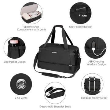 ETRONIK Weekender Gym Bag with USB Port & Shoe Compartment