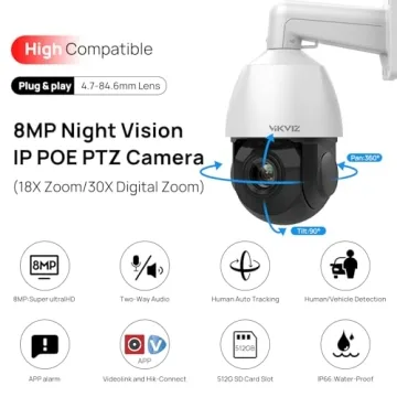 VIKVIZ 4K 8MP PTZ IP Camera with Night Vision and Auto Tracking