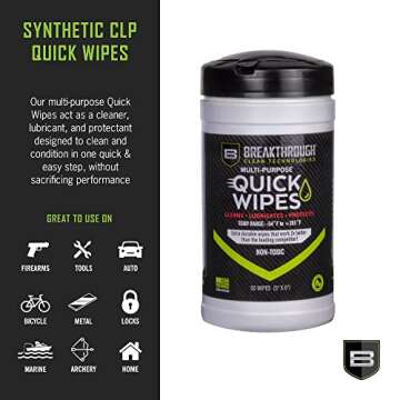 Breakthrough Clean Technologies® Multi-Purpose CLP Quick Wipes, 5" x 6", Firearm Cleaner, Lubricant...