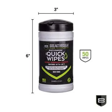 Breakthrough Clean Technologies® Multi-Purpose CLP Quick Wipes, 5" x 6", Firearm Cleaner, Lubricant, and Protectant - Perfect for Handguns and Rifles - Field and Range Accessories - 50-Pack Canister