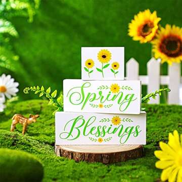 Queekay Spring Wooden Sign 3 Pieces Wood Hello Spring Decor Farmhouse Spring Tiered Tray Decor Seaso...