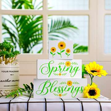 Queekay Spring Wooden Sign 3 Pieces Wood Hello Spring Decor Farmhouse Spring Tiered Tray Decor Seasonal Rustic Tiered Tray Decor Home Kitchen Spring Decor Spring Wooden Ornaments for Home Decoration