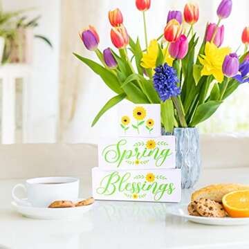 Queekay Spring Wooden Sign 3 Pieces Wood Hello Spring Decor Farmhouse Spring Tiered Tray Decor Seasonal Rustic Tiered Tray Decor Home Kitchen Spring Decor Spring Wooden Ornaments for Home Decoration