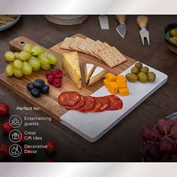 Hearthford White Marble Serving Board - Marble Cheese Board | Acacia Wooden serving Tray for Charcuterie, Cheese, Meats, Fruit, Crackers| Marble cutting board, marble tray, white marble slab rectangle