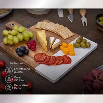Hearthford White Marble Serving Board - Marble Cheese Board | Acacia Wooden serving Tray for Charcuterie, Cheese, Meats, Fruit, Crackers| Marble cutting board, marble tray, white marble slab rectangle