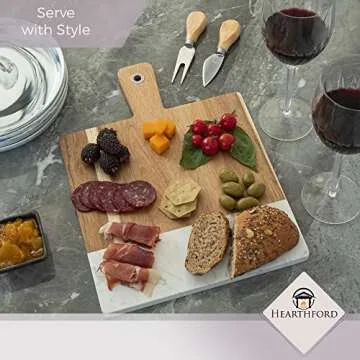 Hearthford White Marble Serving Board - Marble Cheese Board | Acacia Wooden serving Tray for Charcuterie, Cheese, Meats, Fruit, Crackers| Marble cutting board, marble tray, white marble slab rectangle