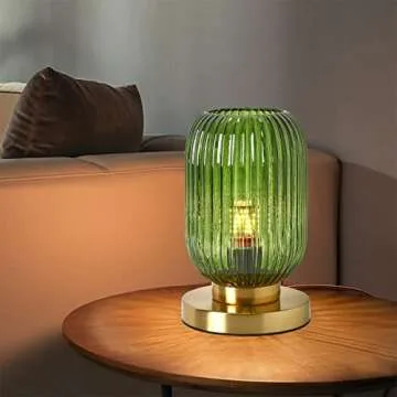 Auwieou Glass Table Lamps Mid Century Modern Globe Table lamp Gold Desk lamp nightstand lamp with Green Pumpkin Design Ribbed Glass Bedside Table Lamp for Bedroom Living Room Office