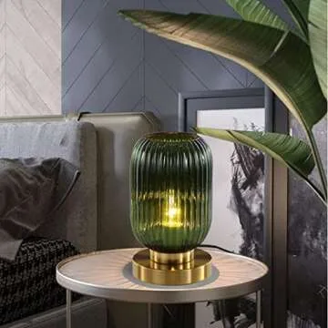 Auwieou Glass Table Lamps Mid Century Modern Globe Table lamp Gold Desk lamp nightstand lamp with Green Pumpkin Design Ribbed Glass Bedside Table Lamp for Bedroom Living Room Office