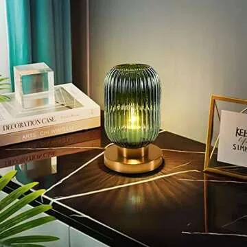 Auwieou Glass Table Lamps Mid Century Modern Globe Table lamp Gold Desk lamp nightstand lamp with Green Pumpkin Design Ribbed Glass Bedside Table Lamp for Bedroom Living Room Office