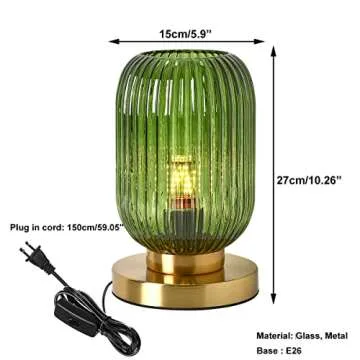 Auwieou Glass Table Lamps Mid Century Modern Globe Table lamp Gold Desk lamp nightstand lamp with Green Pumpkin Design Ribbed Glass Bedside Table Lamp for Bedroom Living Room Office