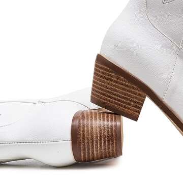 AMINUGAL White Wide Calf Cowboy Boots Women Chunky Heel Knee High Boots Women Point Toe Pull On Embroidered Cowgirl Boots Women Country Boots size 8