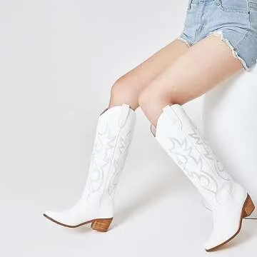 AMINUGAL White Wide Calf Cowboy Boots Women Chunky Heel Knee High Boots Women Point Toe Pull On Embroidered Cowgirl Boots Women Country Boots size 8