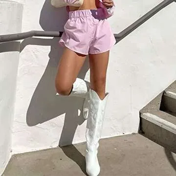 AMINUGAL White Wide Calf Cowboy Boots Women Chunky Heel Knee High Boots Women Point Toe Pull On Embroidered Cowgirl Boots Women Country Boots size 8