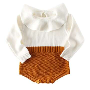 Pinleck Baby Girls Sweet Knitted Fleece Romper Long Sleeve Ruffle Jumpsuit Sweater Dress (Brown, 66/0-3 Months)
