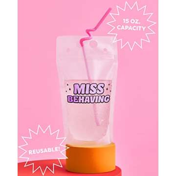 xo, Fetti Bachelorette Party Drink Pouches - 16 count | Bachelorette Party Cups, Bridesmaid Names Decorations, Maid of Dishonor Favors, Miss Behaving