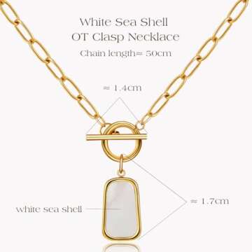 ELKEYE Natural White Sea Shell OT Buckle Long Plate Pendant Necklace For Women Trendy Elegant in Color and Luster Titanium Steel Electroplated with 18K Gold Necklace