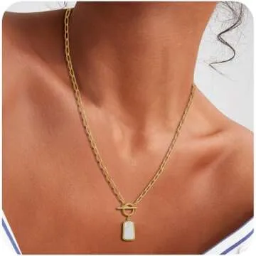 ELKEYE Natural White Sea Shell OT Buckle Long Plate Pendant Necklace For Women Trendy Elegant in Color and Luster Titanium Steel Electroplated with 18K Gold Necklace