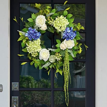 23 Inch Spring Wreaths for Front Door, Soomeir Blue and Green Hydrangea Winter Door Wreaths Outside,...