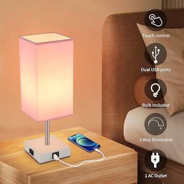 Woderdeng Touch Control Bedside Lamp - 3-Way Dimmable Table Lamps with USB C+A Port and Outlet, Nightstand Lamp for Bedroom Decor and Living Room,Pink