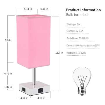Woderdeng Touch Control Bedside Lamp - 3-Way Dimmable Table Lamps with USB C+A Port and Outlet, Nightstand Lamp for Bedroom Decor and Living Room,Pink
