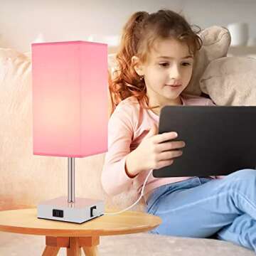 Woderdeng Touch Control Bedside Lamp - 3-Way Dimmable Table Lamps with USB C+A Port and Outlet, Nightstand Lamp for Bedroom Decor and Living Room,Pink