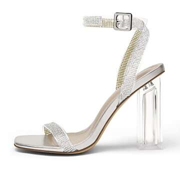 DREAM PAIRS Women's Chunky Clear High Heels Sandals, Rhinestone Ankle Strap Open Square Toe Block He...