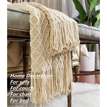 CREVENT Home Decor Rustic Couch Sofa Chair Bed Throw Blanket, Soft Warm Cozy Light Weight for Travelling in Spring Summer (50''X60'' Beige/Ivory)
