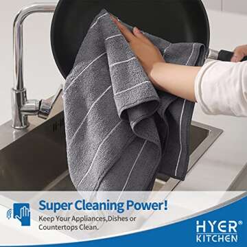 HYER KITCHEN Microfiber Kitchen Towels - Super Absorbent, Soft and Thick Dish Towels, 8 Pack (Stripe Designed Grey Colors), 26 x 18 Inch