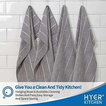 HYER KITCHEN Microfiber Kitchen Towels - Super Absorbent, Soft and Thick Dish Towels, 8 Pack (Stripe Designed Grey Colors), 26 x 18 Inch