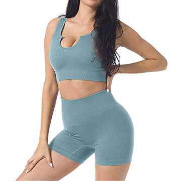 Seamless Workout Sets for Women 2 Piece Yoga Outfits Ribbed High Waist Leggings with Sports Bra Gym Set.JNINTH