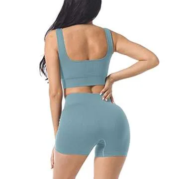 Seamless Workout Sets for Women 2 Piece Yoga Outfits Ribbed High Waist Leggings with Sports Bra Gym Set.JNINTH
