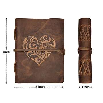 Heart Leather Journal for Women - Handmade Leather Bound Journal Notebook with Embossed Heart Cover - Love Journal for Daily Drawing & Sketching - Perfect 7 x 5 Inches Size for Travel or Writing