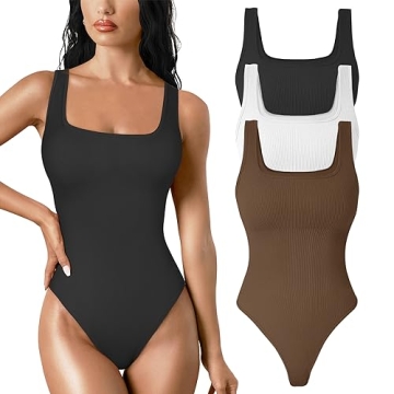 TDIFFUN Womens 3 Piece Shapewear Bodysuit Tummy Control Thong Body Shaper Seamless Ribbed Square Nec...