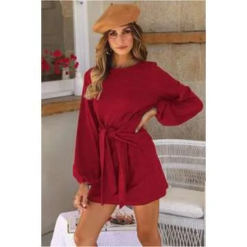 PRETTYGARDEN Women's Elegant Long Lantern Sleeve Short Dress Crewneck Tie Waist Knit Cocktail Dress ...