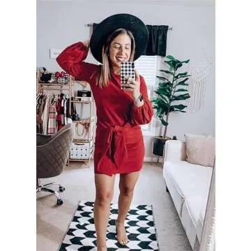 PRETTYGARDEN Women's Elegant Long Lantern Sleeve Short Dress Crewneck Tie Waist Knit Cocktail Dress (Red,Large)