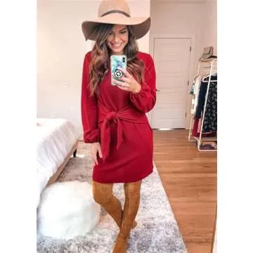 PRETTYGARDEN Women's Elegant Long Lantern Sleeve Short Dress Crewneck Tie Waist Knit Cocktail Dress (Red,Large)