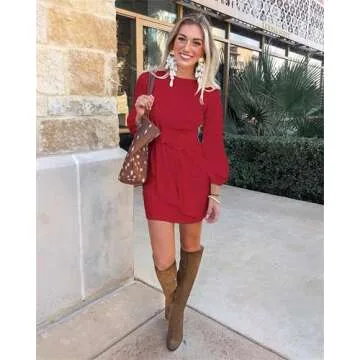 PRETTYGARDEN Women's Elegant Long Lantern Sleeve Short Dress Crewneck Tie Waist Knit Cocktail Dress (Red,Large)