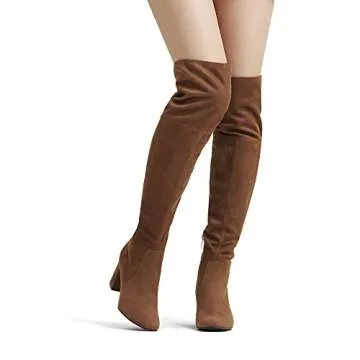 DREAM PAIRS Women's DOB213 Thigh High Over The Knee Fashion Chunky Heel Long Boots,Brown Suede, Size 9