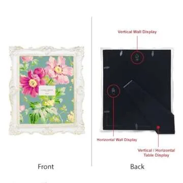 Laura Ashley 8x10 White & Gold Ornate Textured Hand-Crafted Resin Picture Frame w/Easel & Hook for T...