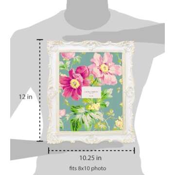 Laura Ashley 8x10 White & Gold Ornate Textured Hand-Crafted Resin Picture Frame w/Easel & Hook for Tabletop & Wall Display, Decorative Floral Design Home Décor, Photo Gallery, Art (8x10, White/Gold)