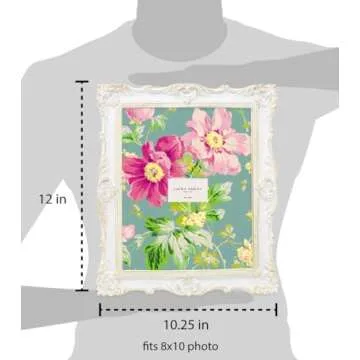 Laura Ashley 8x10 White & Gold Ornate Textured Hand-Crafted Resin Picture Frame w/Easel & Hook for Tabletop & Wall Display, Decorative Floral Design Home Décor, Photo Gallery, Art (8x10, White/Gold)