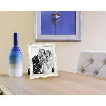 Laura Ashley 8x10 White & Gold Ornate Textured Hand-Crafted Resin Picture Frame w/Easel & Hook for Tabletop & Wall Display, Decorative Floral Design Home Décor, Photo Gallery, Art (8x10, White/Gold)