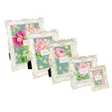 Laura Ashley 8x10 White & Gold Ornate Textured Hand-Crafted Resin Picture Frame w/Easel & Hook for Tabletop & Wall Display, Decorative Floral Design Home Décor, Photo Gallery, Art (8x10, White/Gold)