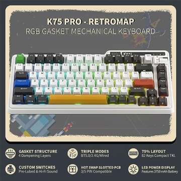 KZZI K75 PRO RGB 75% Wireless Gasket Mechanical Keyboard, Triple Mode BT5.0/2.4G/USB-C 82 Keys Hot S...