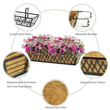 4 Pack 24 Inch Window Boxes Planters for Outdoor Plants Railing Planter Box with Adjustable Brackets for Windowsill Porch Fence Patio Hanging Flower Coco Baskets for Outside Decoration - Black