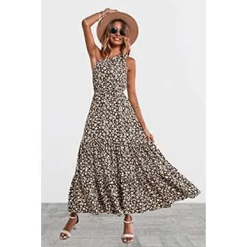 PRETTYGARDEN Women's Floral Maxi Dress 2024 Knot One Shoulder Sleeveless Ruffle Hem Flowy Boho Dresses(Coffee,Medium)